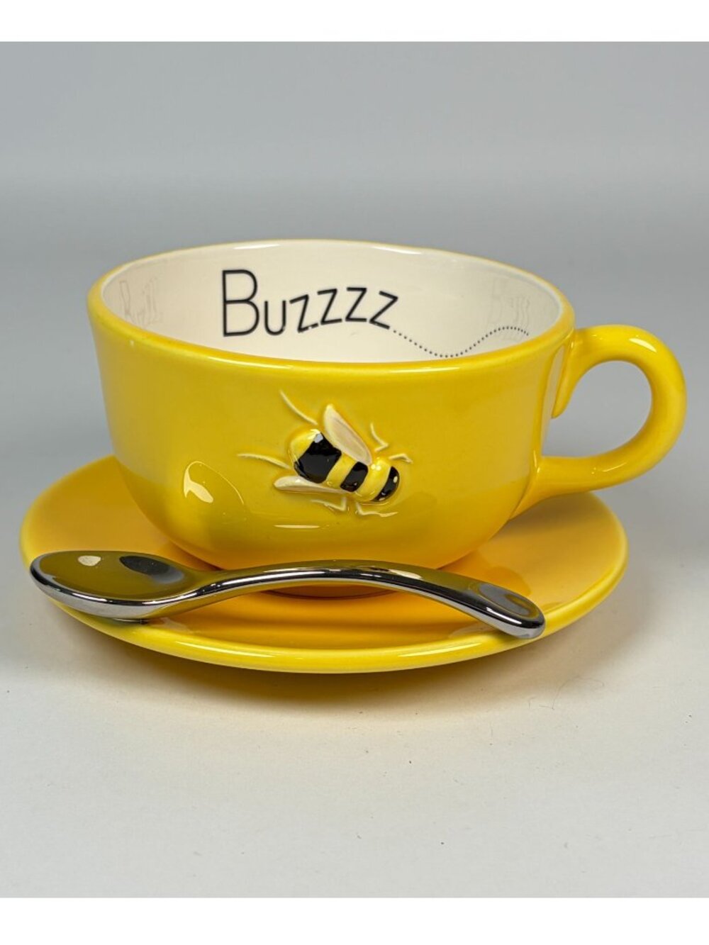 Dept 56 Jumbo Buzz Bee Soup Coffee Mug and Saucer Set Attached Spoon Yellow